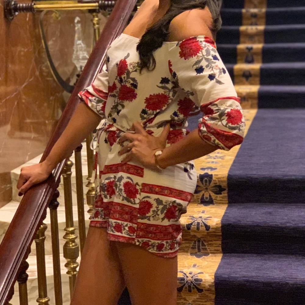 White and red Floral Long Sleeve Romper